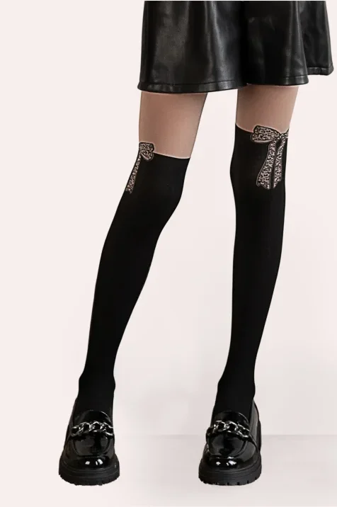 Rajstopy z kokardą z motywem panterki