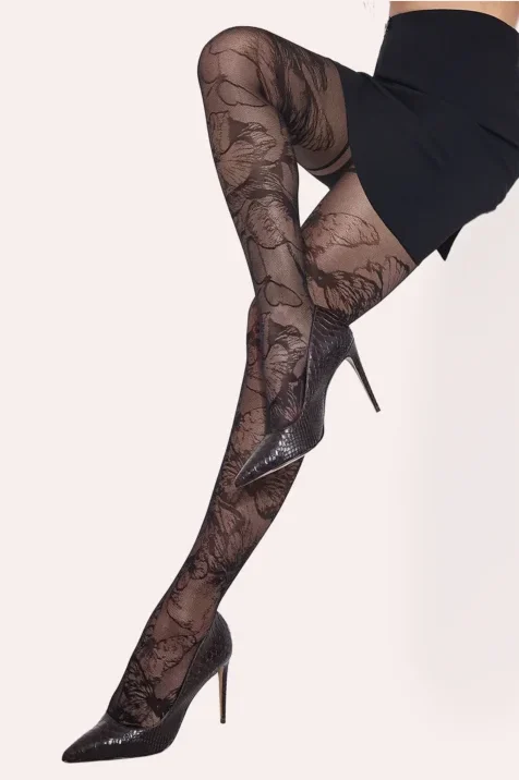 Rajstopy z koronkowym wzorem w motyle i kwiaty Papillon